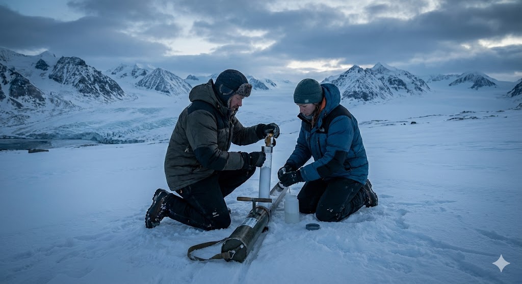 Ricercatori analizzano la presenza di creme solari al Polo Nord sui ghiacciai delle Svalbard.
