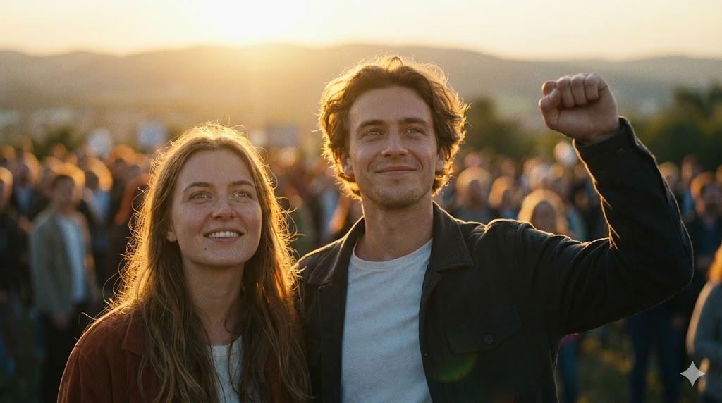 Due giovani attivisti europei all'alba con il pugno alzato guardano al futuro con speranza dopo l'ubriacatura neoliberista.