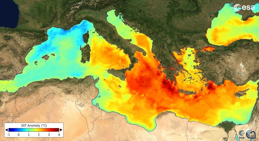 Visualizzazione satellitare dell'ondata di calore nel Mediterraneo con anomalie termiche registrate dal CNR.