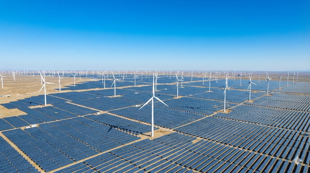 Una veduta aerea cristallina di un immenso parco solare ed eolico, simbolo della transizione energetica in Cina.