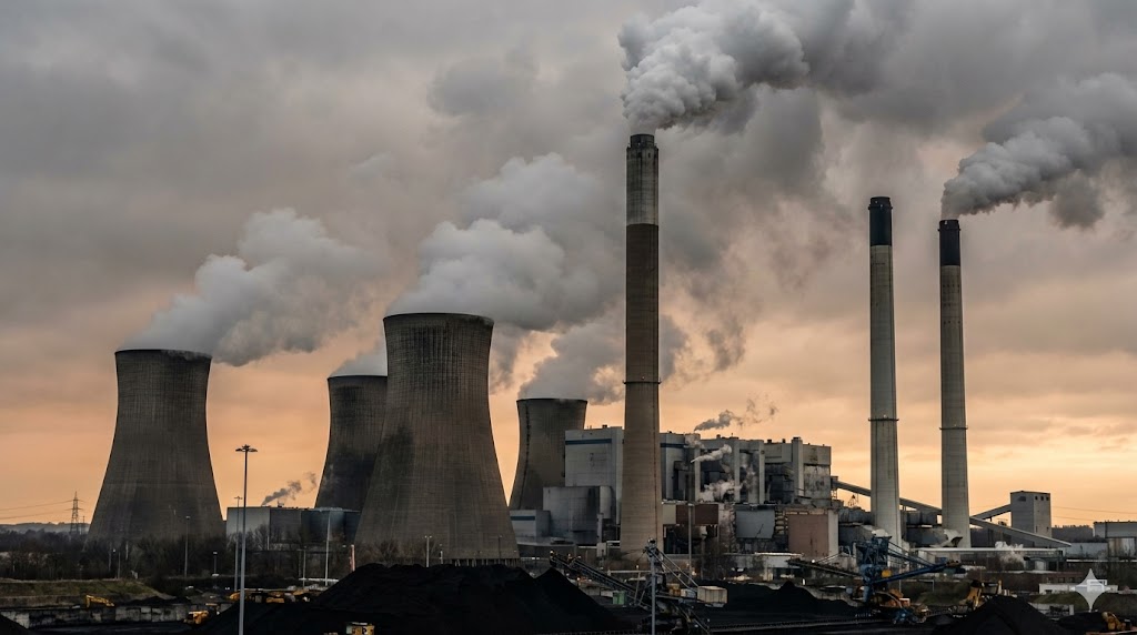 Una veduta industriale che documenta il persistente consumo globale di carbone con grandi ciminiere di una centrale termica.