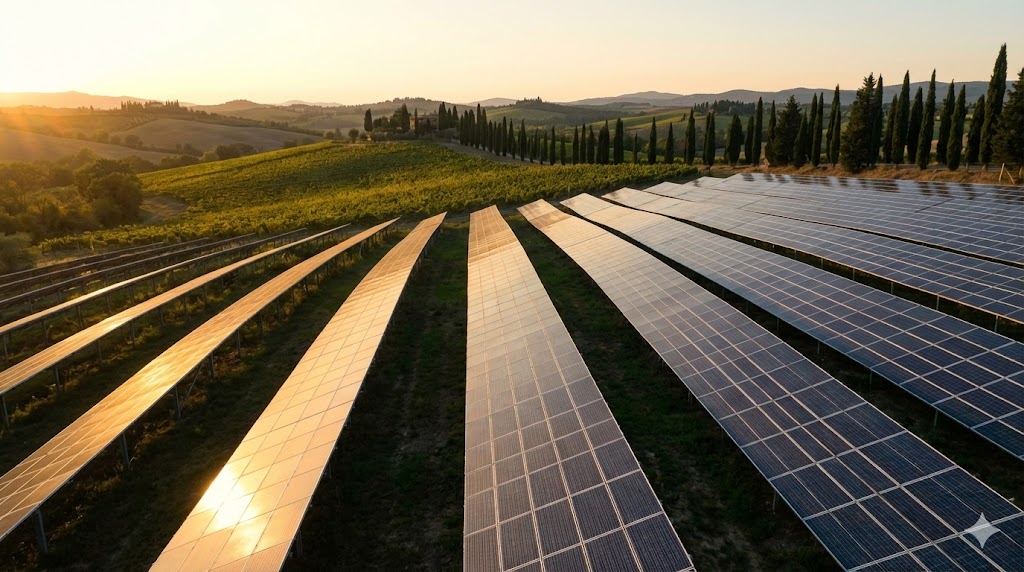 Una moderna installazione di pannelli per il fotovoltaico in Italia integrata in un paesaggio collinare sotto il sole pomeridiano.