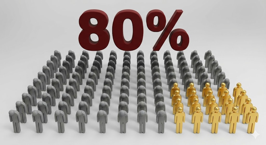 Infografica concettuale con 80 omini grigi depressi sovrastati da un grande numero 80% rosso e 20 omini d'oro felici.