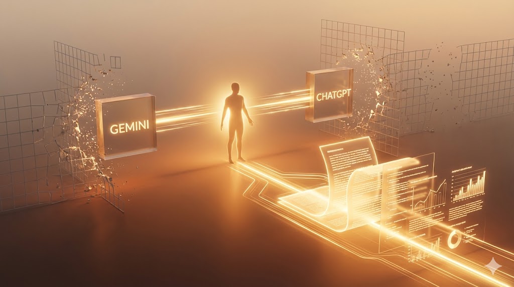 Illustrazione 3D concettuale che mostra la sinergia tra umano e intelligenza artificiale (Gemini e ChatGPT) mentre producono analisi saggistiche che rompono gli schemi precostituiti.