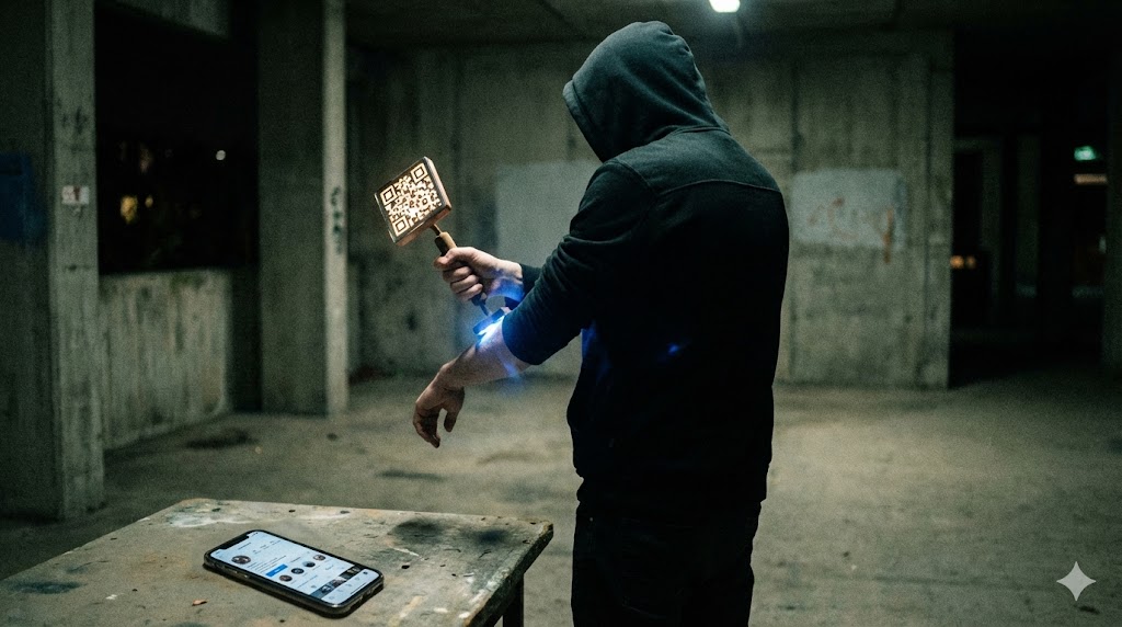 Società digitale siamo noi i carnefici: uomo si marchia il braccio con un QR code.