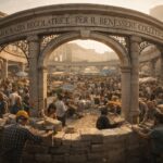Fotografia Cinematic Reality: cittadini costruiscono una struttura che rappresenta l'equilibrio per un capitalismo sano e democrazie forti.