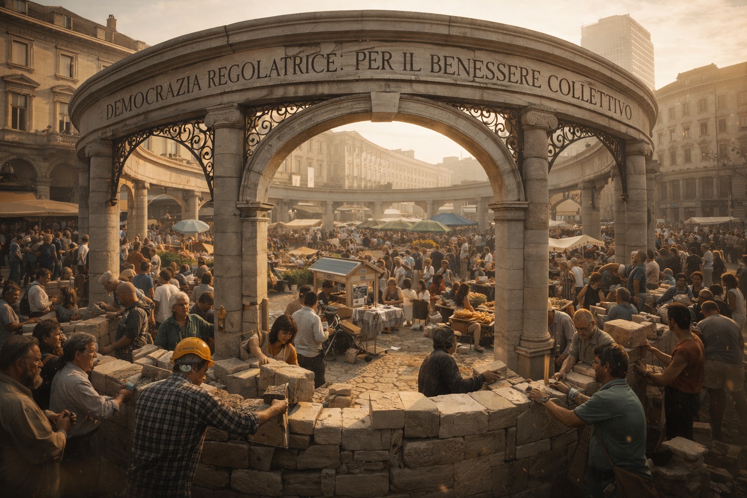 Fotografia Cinematic Reality: cittadini costruiscono una struttura che rappresenta l'equilibrio per un capitalismo sano e democrazie forti.
