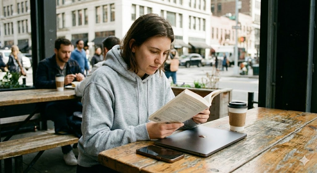 na giovane ragazza legge un libro per contrastare l'egemonia della superficialità in un caffè all'aperto.