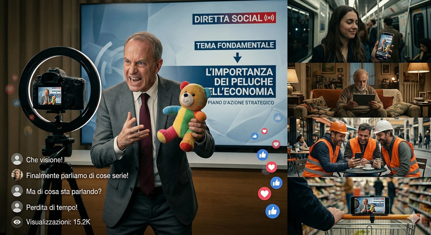 Politico che distrae la folla, simbolo del tempo sprecato dalla politica.