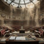 Maestosa aula parlamentare vuota che si sgretola e si dissolve in polvere, simbolo della crisi della democrazia.