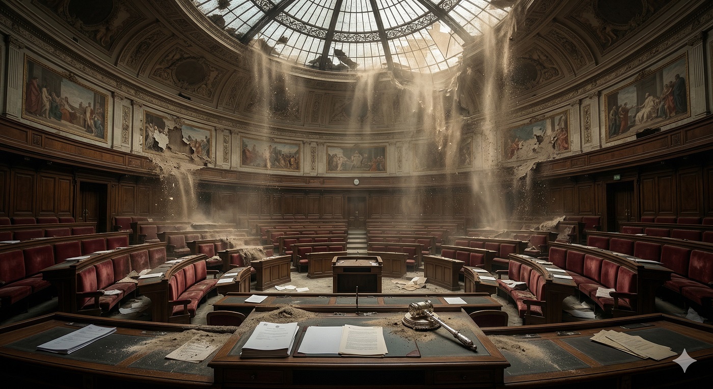 Maestosa aula parlamentare vuota che si sgretola e si dissolve in polvere, simbolo della crisi della democrazia.
