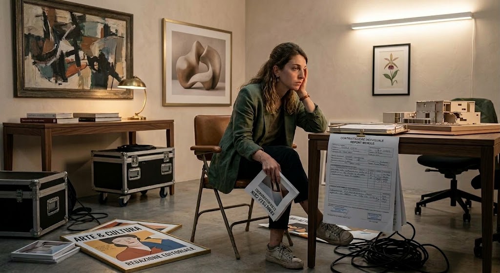 Donna disillusa al lavoro vittima della trappola della passione in un ufficio culturale