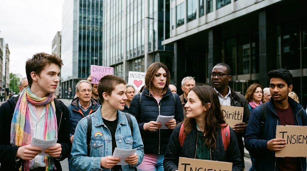 Un gruppo eterogeneo di persone in mobilitazione davanti a grandi palazzi, a simboleggiare una sinistra unita contro le derive woke.