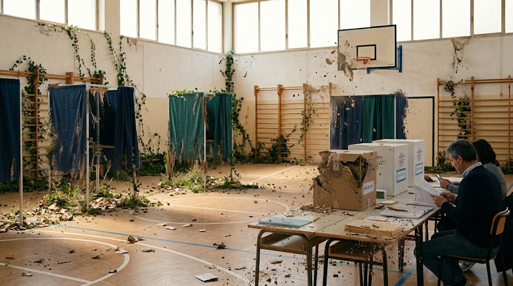 Seggio elettorale abbandonato e in rovina a simboleggiare le democrazie in decomposizione